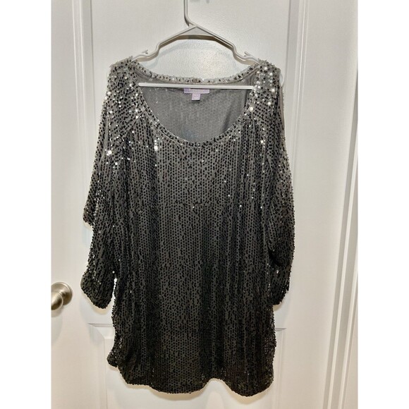 Women’s Sequin Black Blouse 18 20  Cold Shoulder NYE Party Holiday Cocktail Plus - Picture 1 of 10